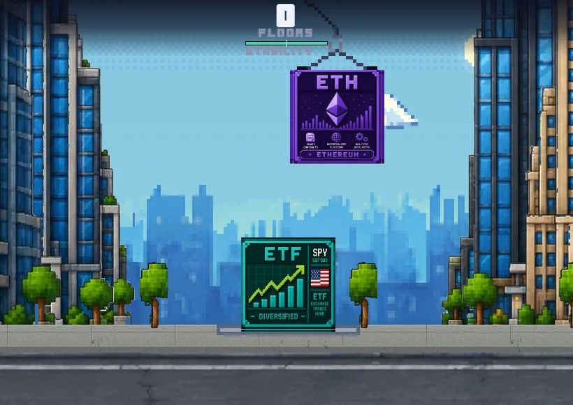 BlockFun gameplay: a crane hook swings a block over a pixel city